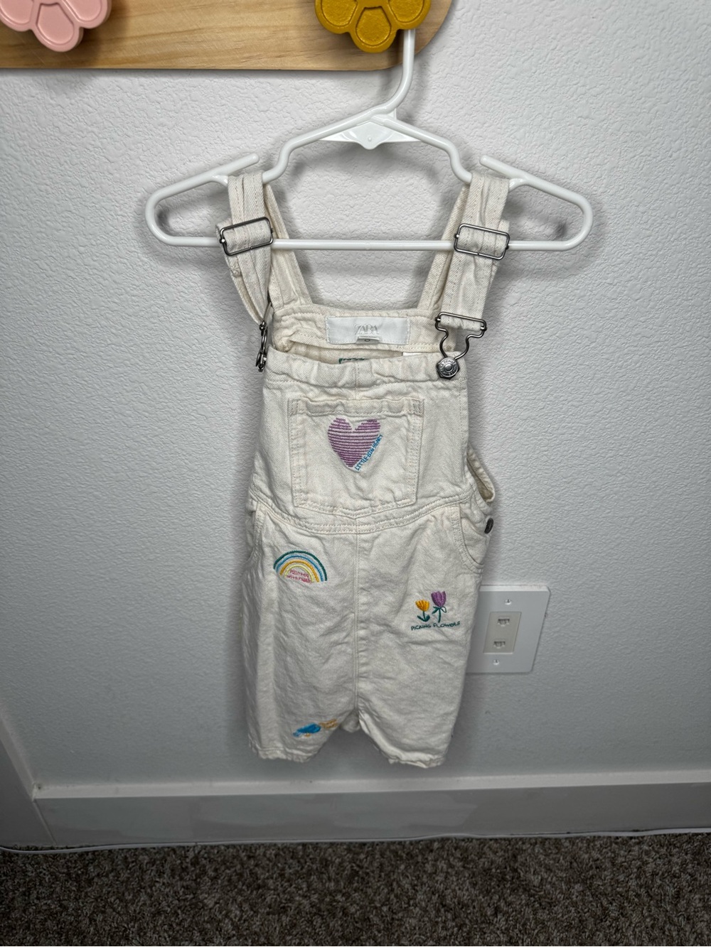 Zara Cream Kids Overalls with Rainbow & Heart Embroidery